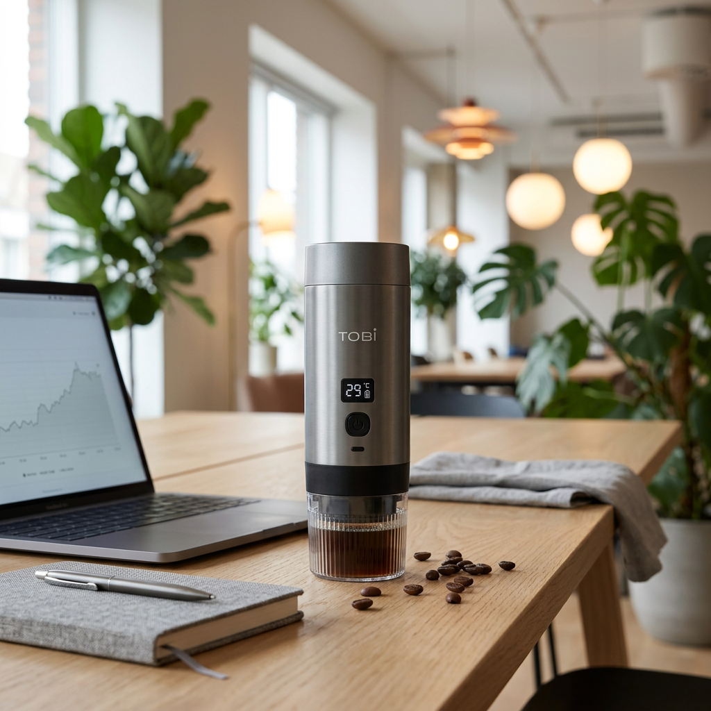 Thrive Collectives portable coffee machine on a co-working desk next to a laptop and notebook