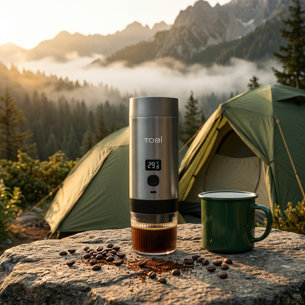 Thrive Collectives portable coffee machine brewing at a mountain campsite at sunrise