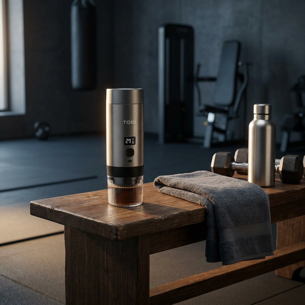 Thrive Collectives portable coffee machine on a wooden gym bench next to a towel and dumbbells