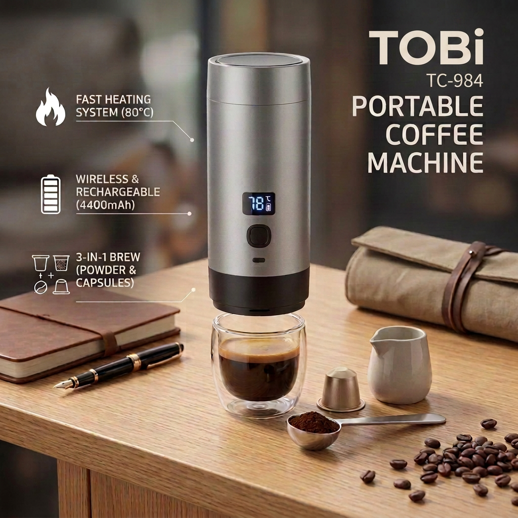 Portable 3-in-1 coffee machine brewing espresso on a wooden desk