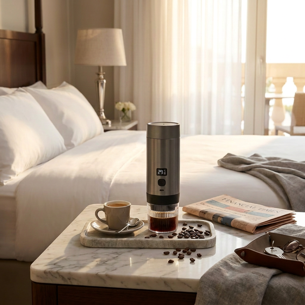 Thrive Collectives portable coffee machine on a marble hotel bedside tray with morning light