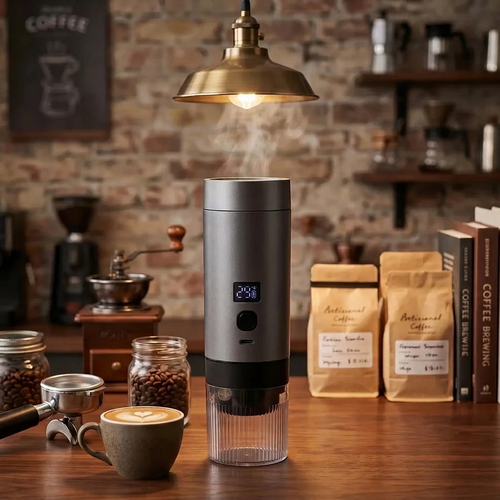 Thrive Collectives portable coffee machine on a wooden counter with artisan coffee beans and a fresh latte