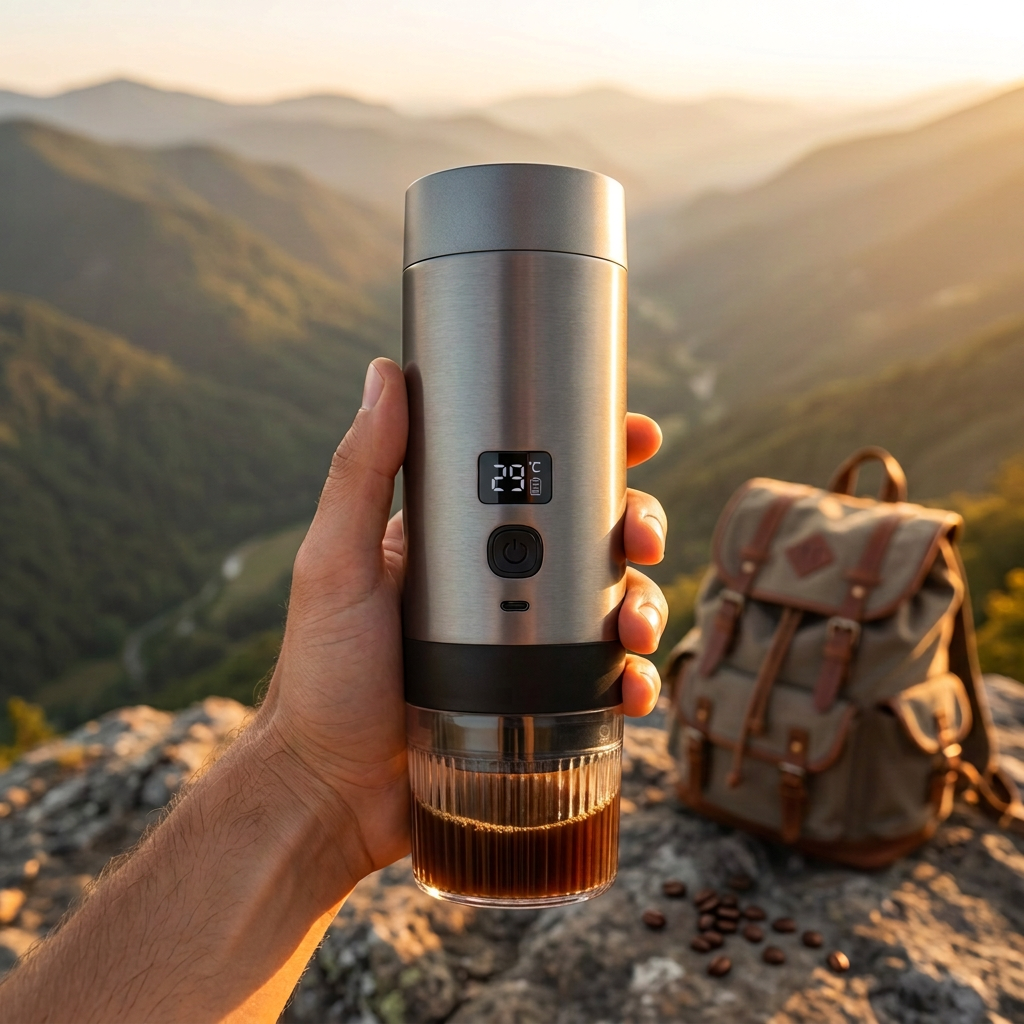 Traveller holding the Thrive Collectives portable coffee machine on a mountain overlook at golden hour with a backpack beside them